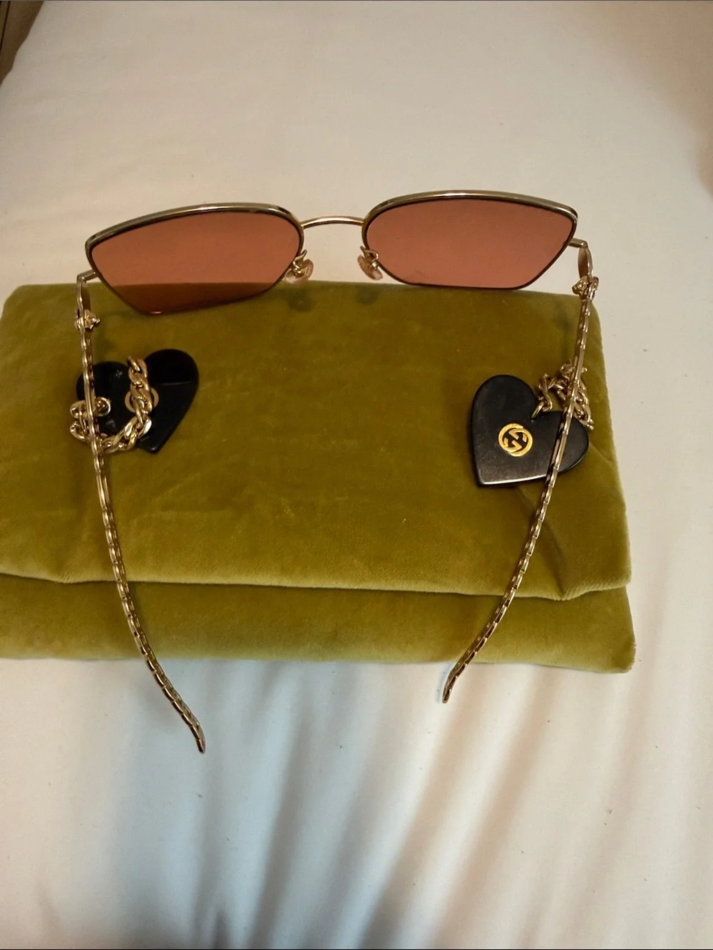 Gucci Gold Frame Pink Lens Heart Charm Sunglasses